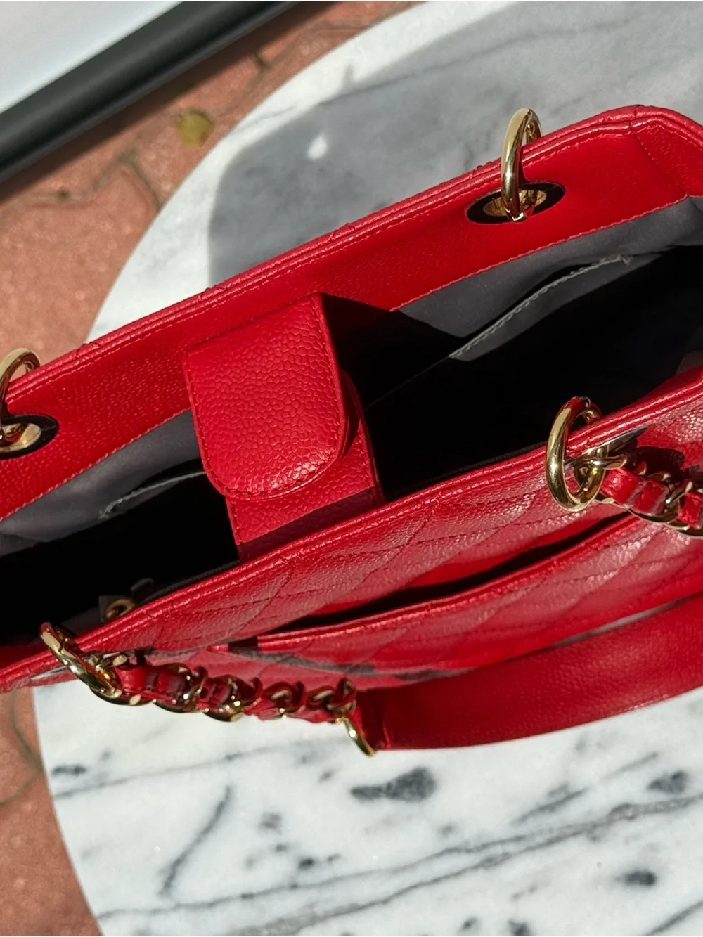 CHANEL Vintage Cherry Red Caviar Quilted Leather Tote with Gold Chain-Strap